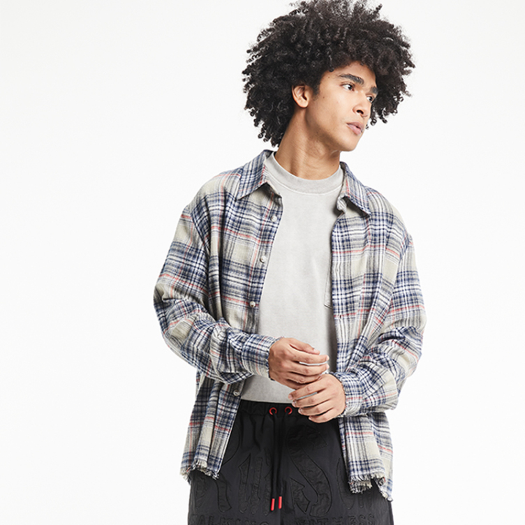 American retro blue plaid loose casual shirts