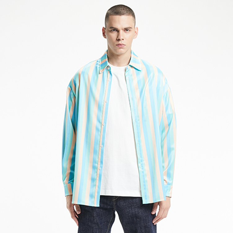 Vintage linen blend striped baggy long-sleeved shirts