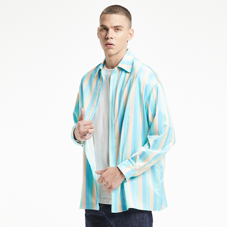 Vintage linen blend striped baggy long-sleeved shirts