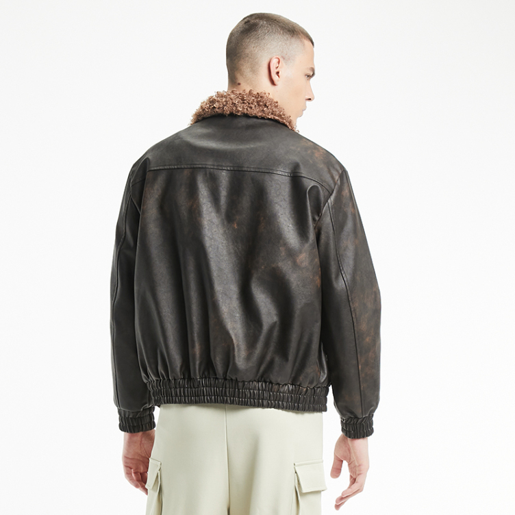 American vintage PU leather hair neckline jacket