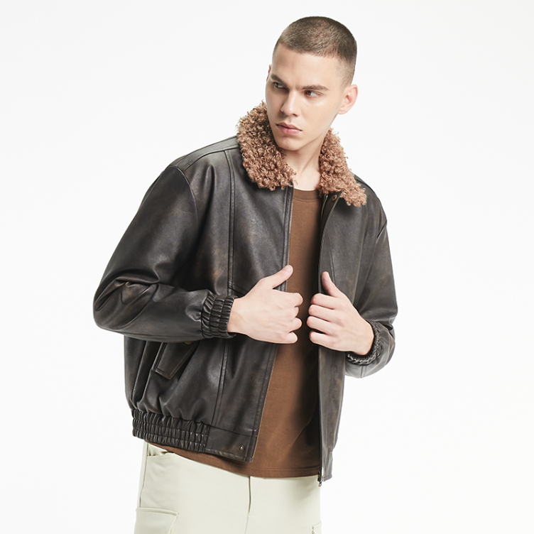 American vintage PU leather hair neckline jacket