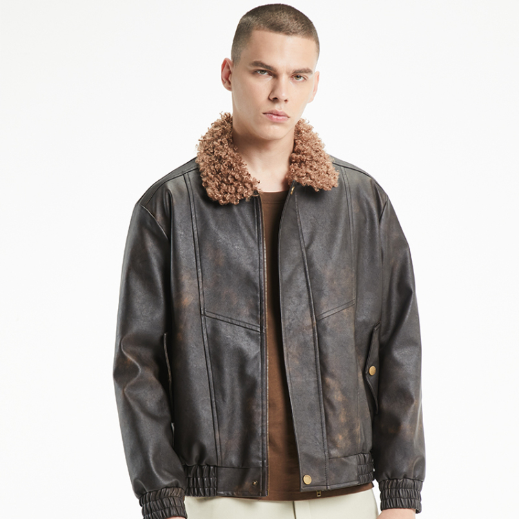 American vintage PU leather hair neckline jacket