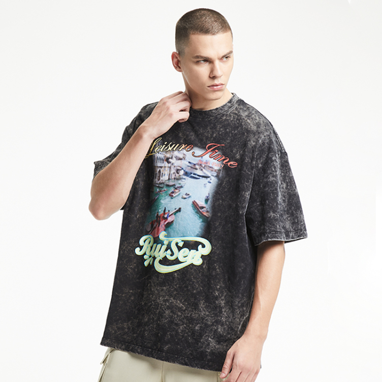 Wash fashion letters vintage print T-shirts