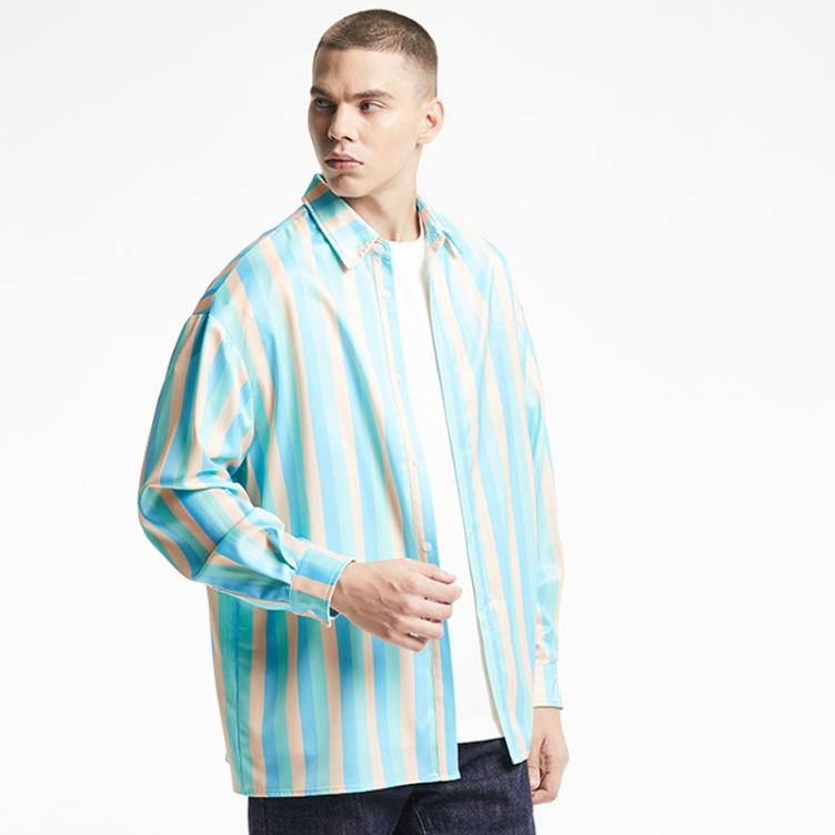 Vintage linen blend striped baggy long-sleeved shirts
