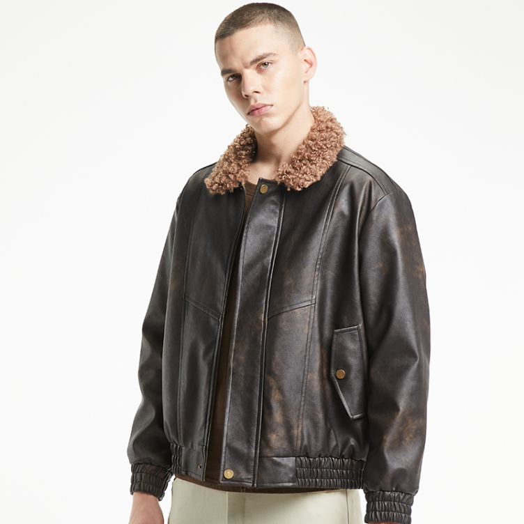 American vintage PU leather hair neckline jacket