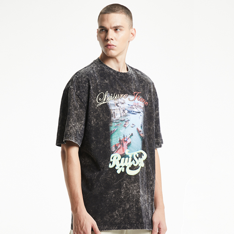 Wash fashion letters vintage print T-shirts