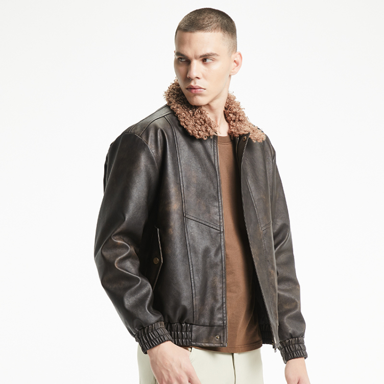 American vintage PU leather hair neckline jacket