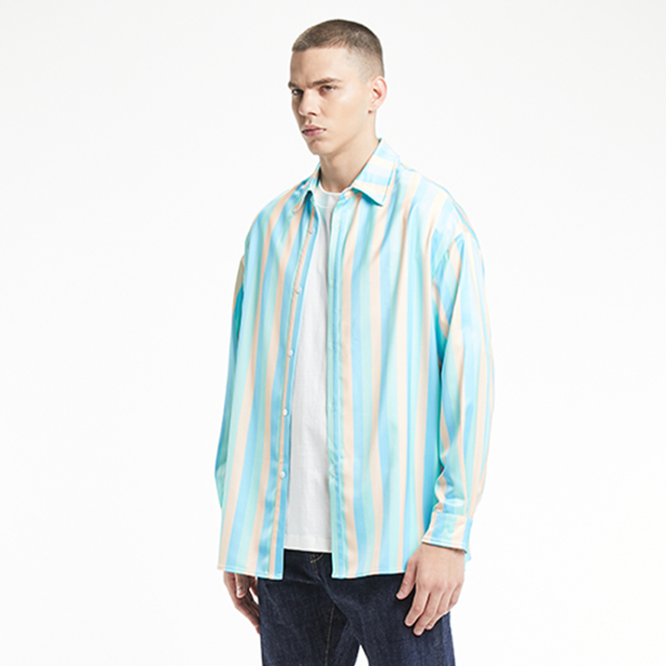 Vintage linen blend striped baggy long-sleeved shirts