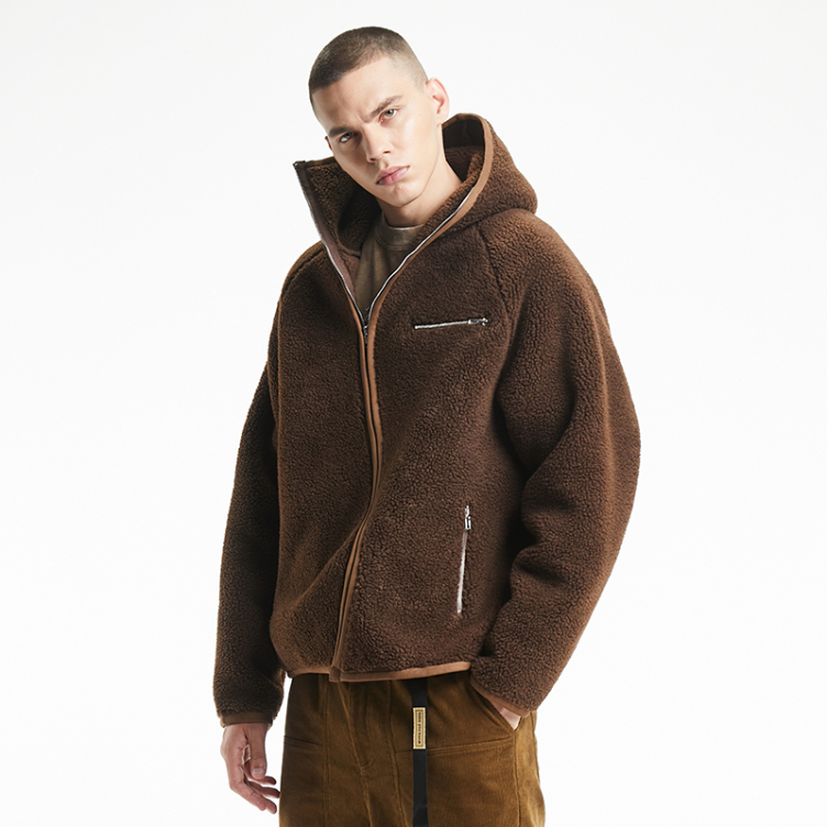 Niche design sense irregular zipper cardigan hooded lamb wool jacket