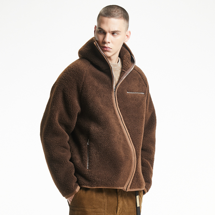 Niche design sense irregular zipper cardigan hooded lamb wool jacket