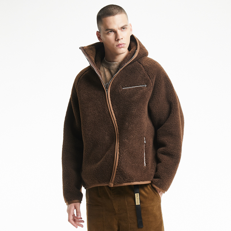 Niche design sense irregular zipper cardigan hooded lamb wool jacket