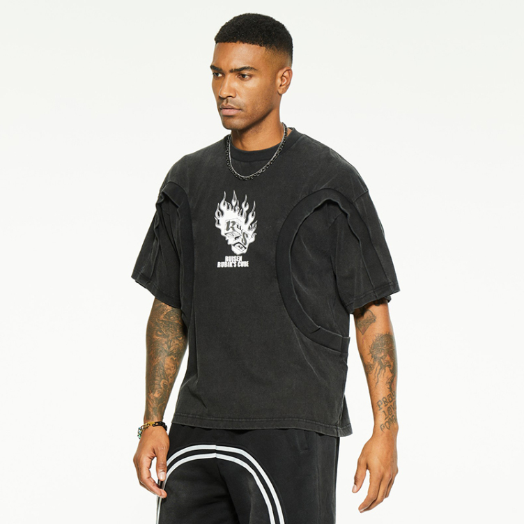 Black sleeve false two-piece design digital printed T-shirts