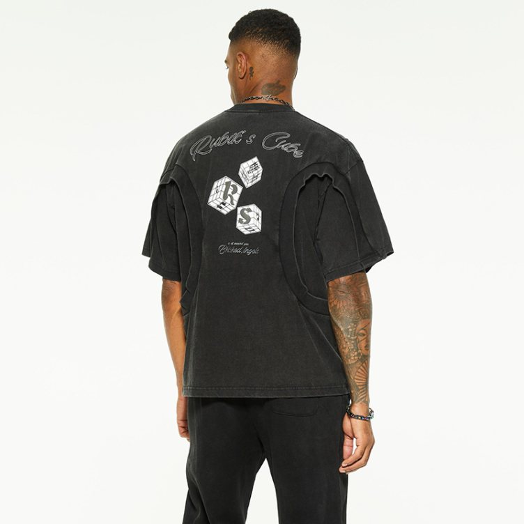 Black sleeve false two-piece design digital printed T-shirts