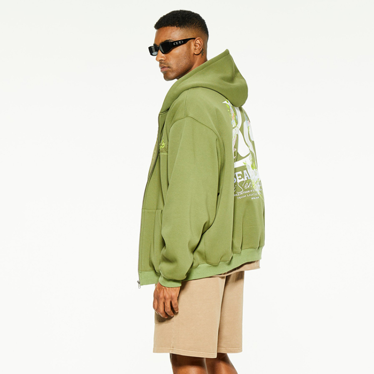 American hipster zip printed and embroidered hoodies