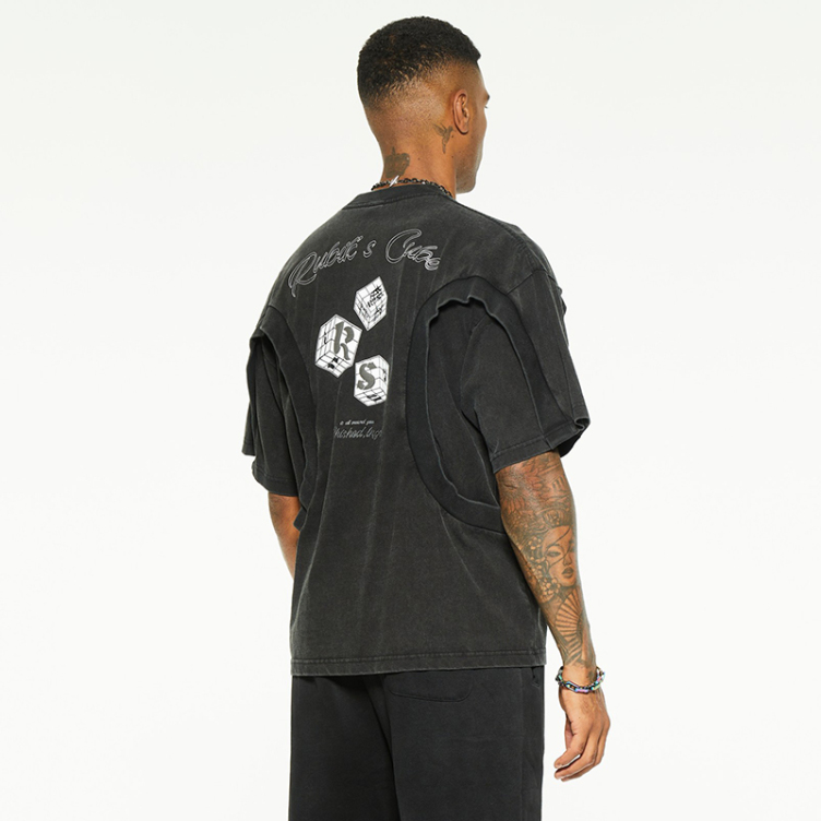Black sleeve false two-piece design digital printed T-shirts