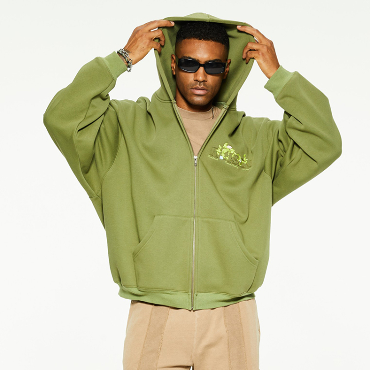 American hipster zip printed and embroidered hoodies