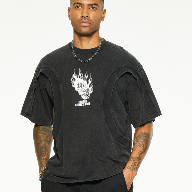 Black sleeve false two-piece design digital printed T-shirts