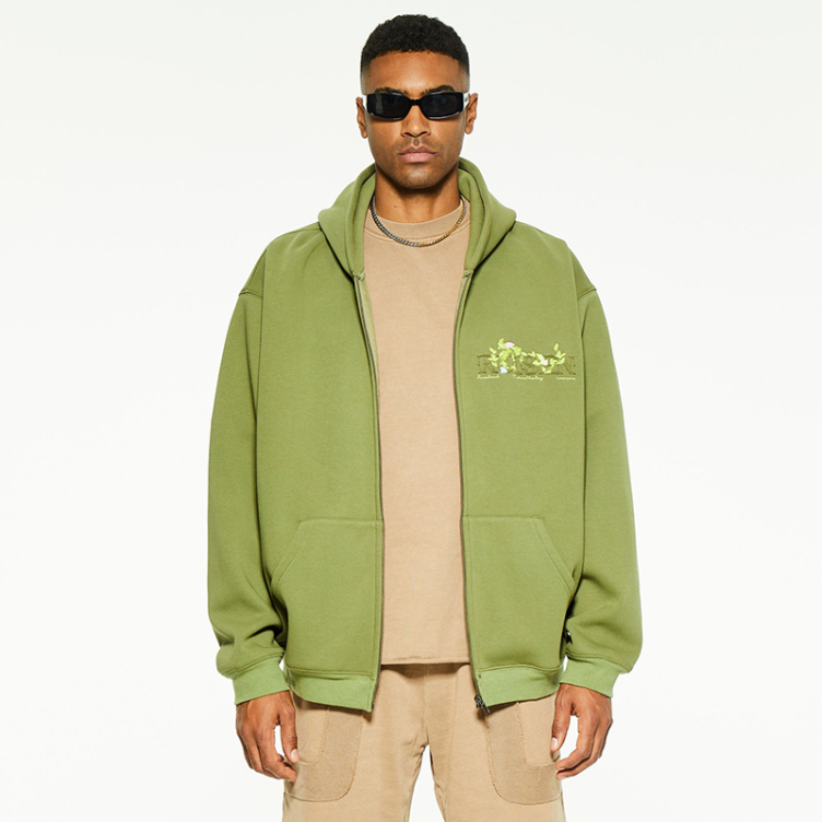 American hipster zip printed and embroidered hoodies