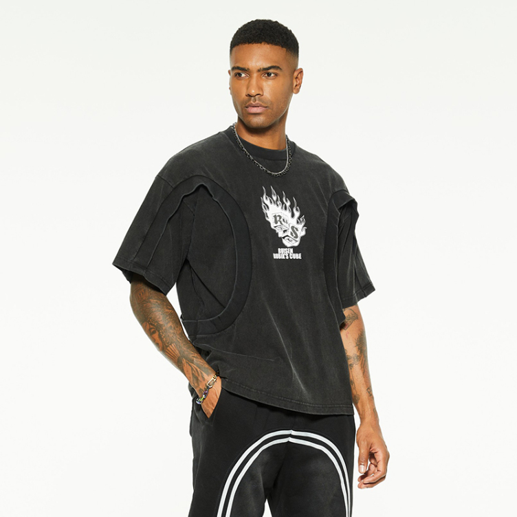 Black sleeve false two-piece design digital printed T-shirts