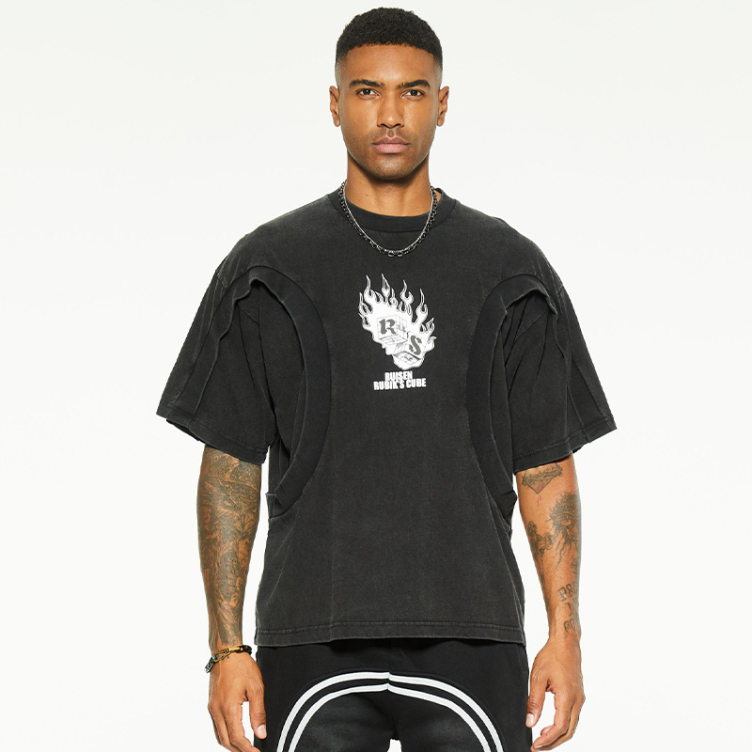 Black sleeve false two-piece design digital printed T-shirts