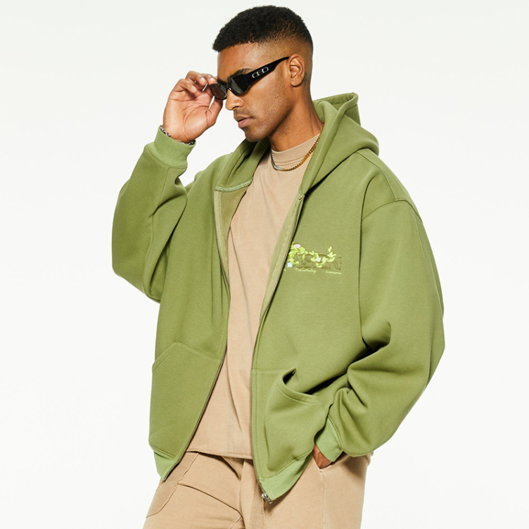 American hipster zip printed and embroidered hoodies