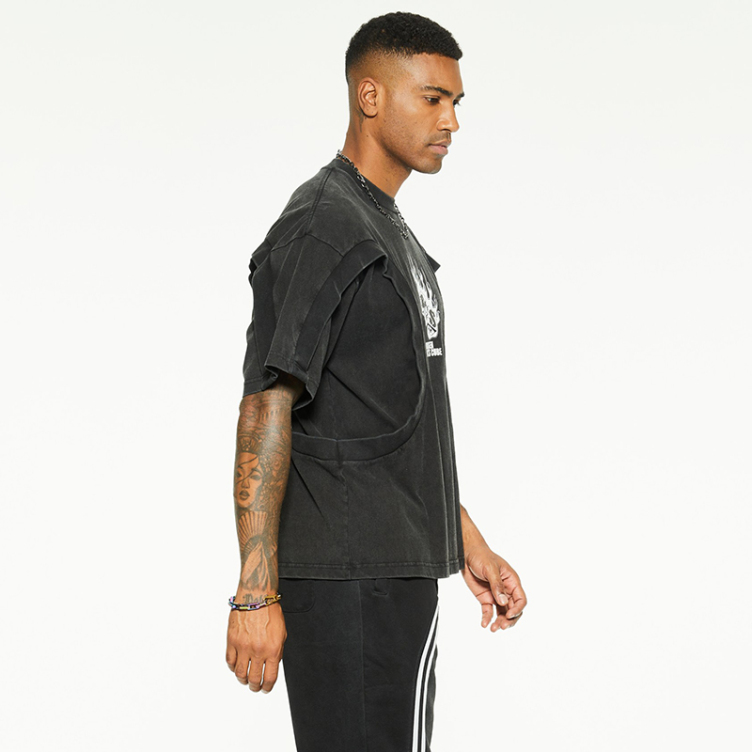 Black sleeve false two-piece design digital printed T-shirts