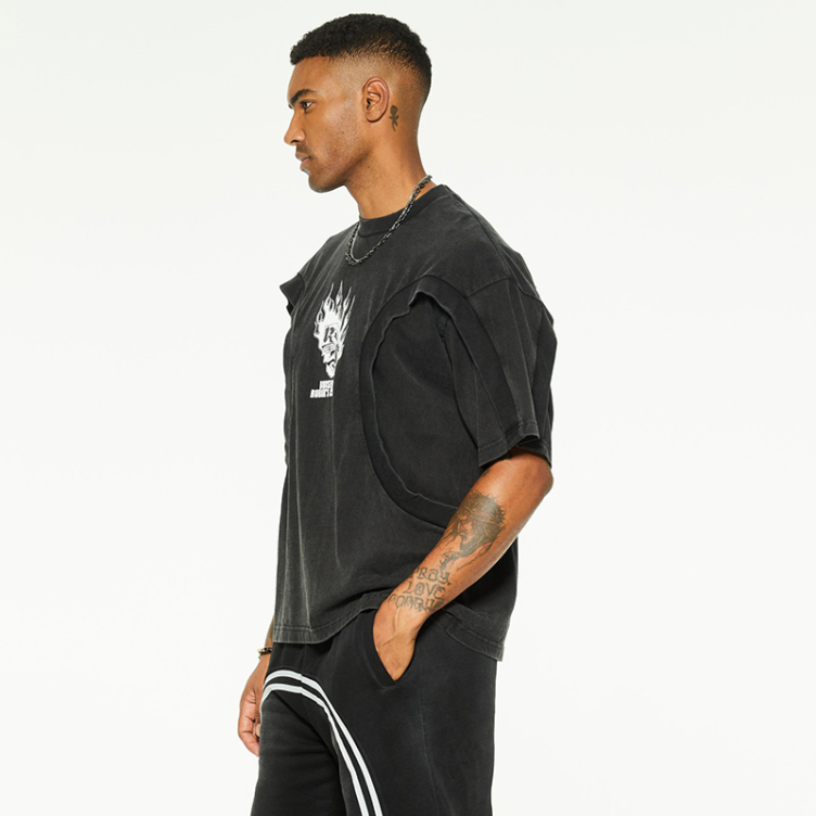 Black sleeve false two-piece design digital printed T-shirts