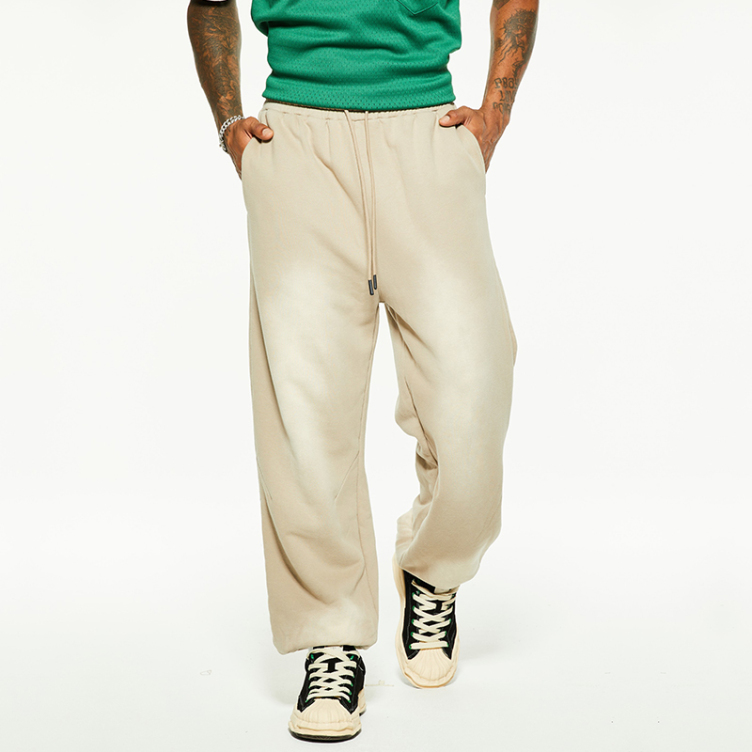 Washed loose-fitting padded straight-leg hipster knit pants