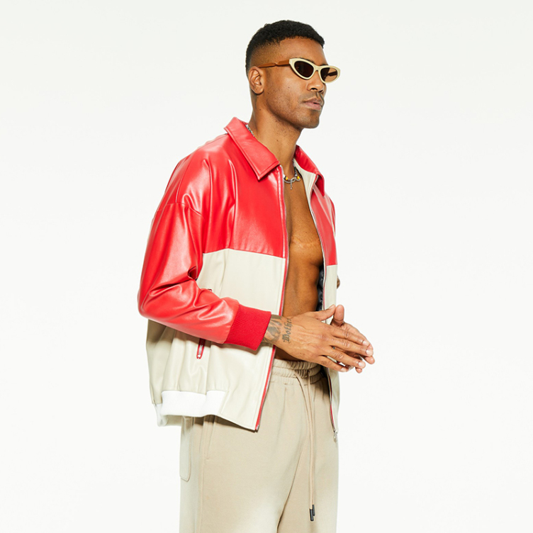 American PU leather stand-up collar embroidery trend color blocking jackets
