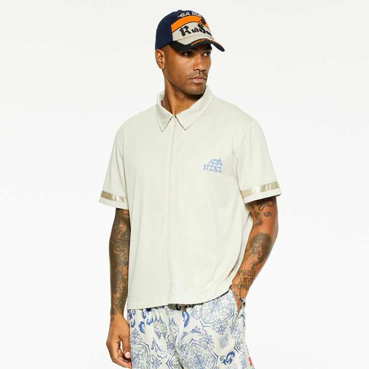 Mesh breathable striped sleeve trim shirts