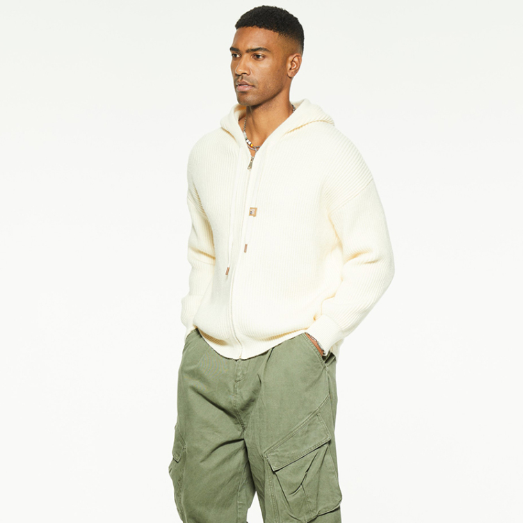 Premium crewel cotton hooded zipper sweater