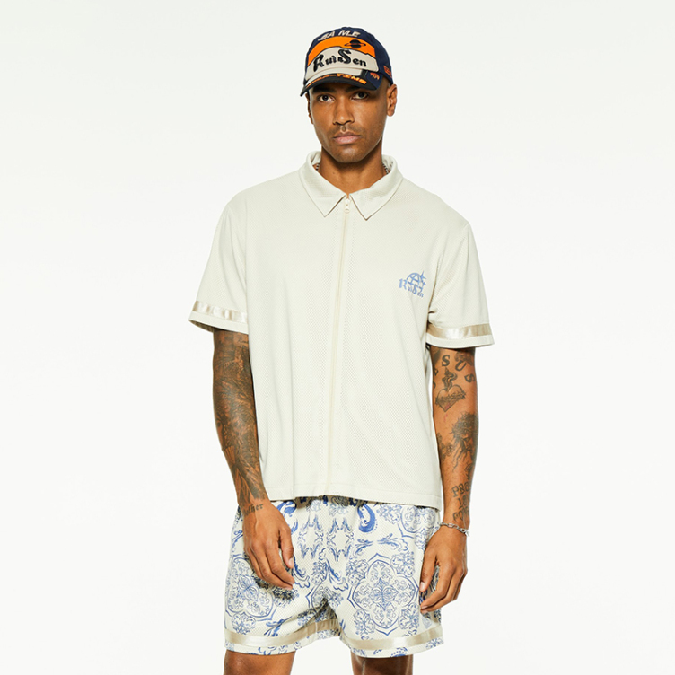 Mesh breathable striped sleeve trim shirts