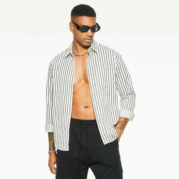 Draped casual striped drop shoulder long sleeve shirts
