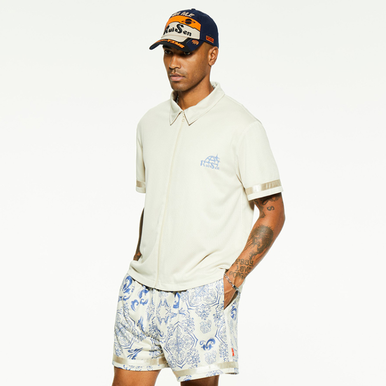 Mesh breathable striped sleeve trim shirts