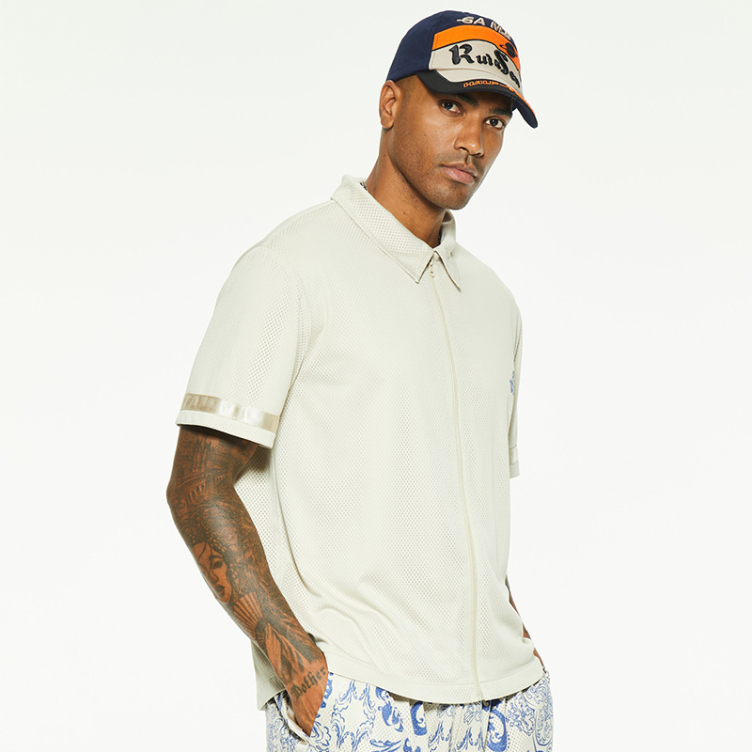 Mesh breathable striped sleeve trim shirts