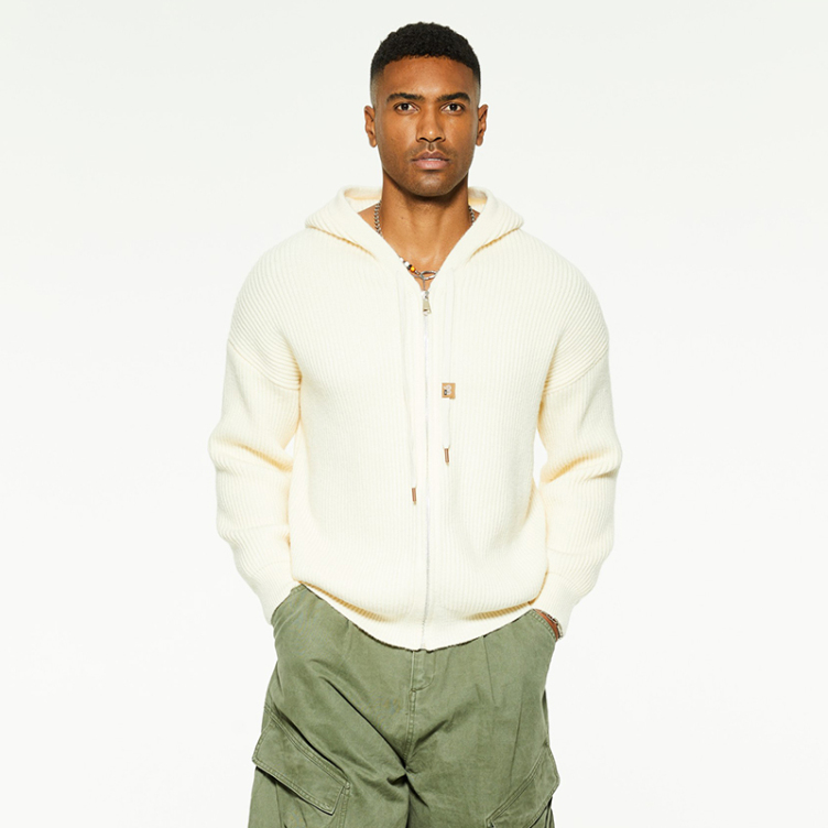 Premium crewel cotton hooded zipper sweater