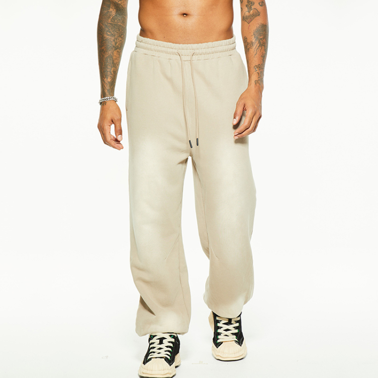 Washed loose-fitting padded straight-leg hipster knit pants