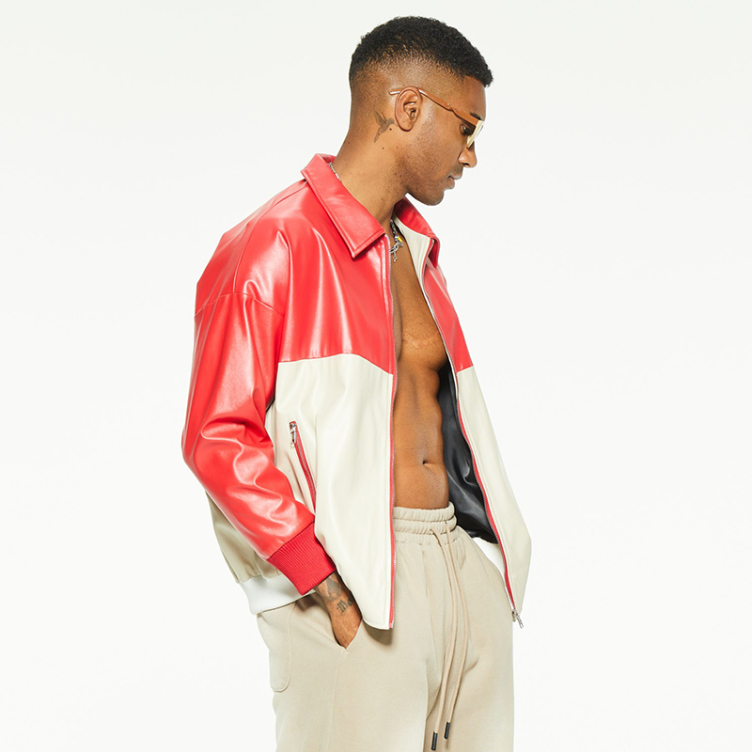 American PU leather stand-up collar embroidery trend color blocking jackets