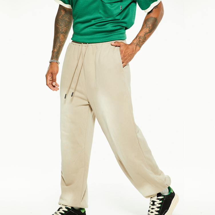 Washed loose-fitting padded straight-leg hipster knit pants