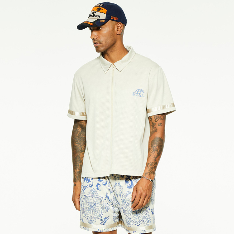 Mesh breathable striped sleeve trim shirts