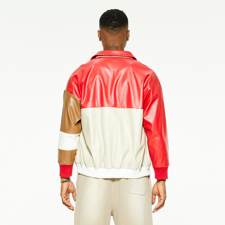 American PU leather stand-up collar embroidery trend color blocking jackets