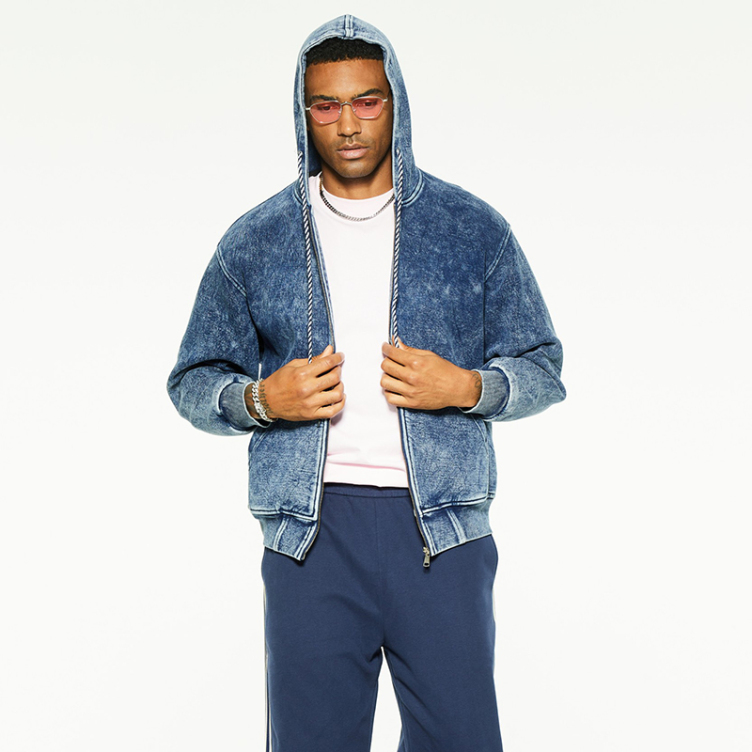 Zipper hooded loose fit denim jackets