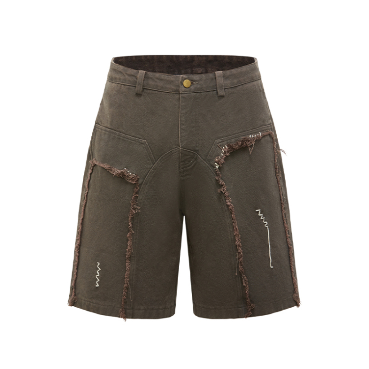Trendy solid color raw edge retro casual loose shorts