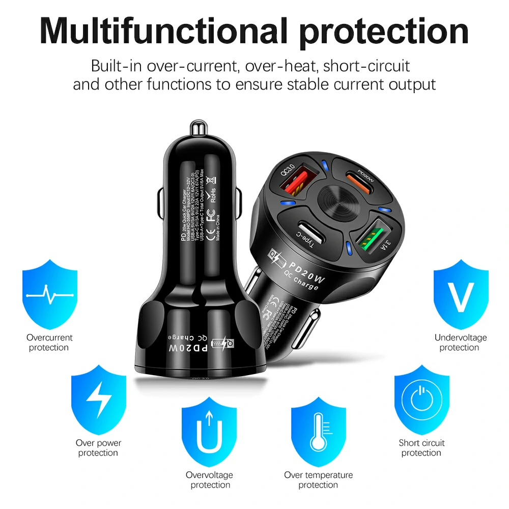 WOWTECHPROMOS: Premium 4-Port USB Car Charger with PD20W & QC3.0