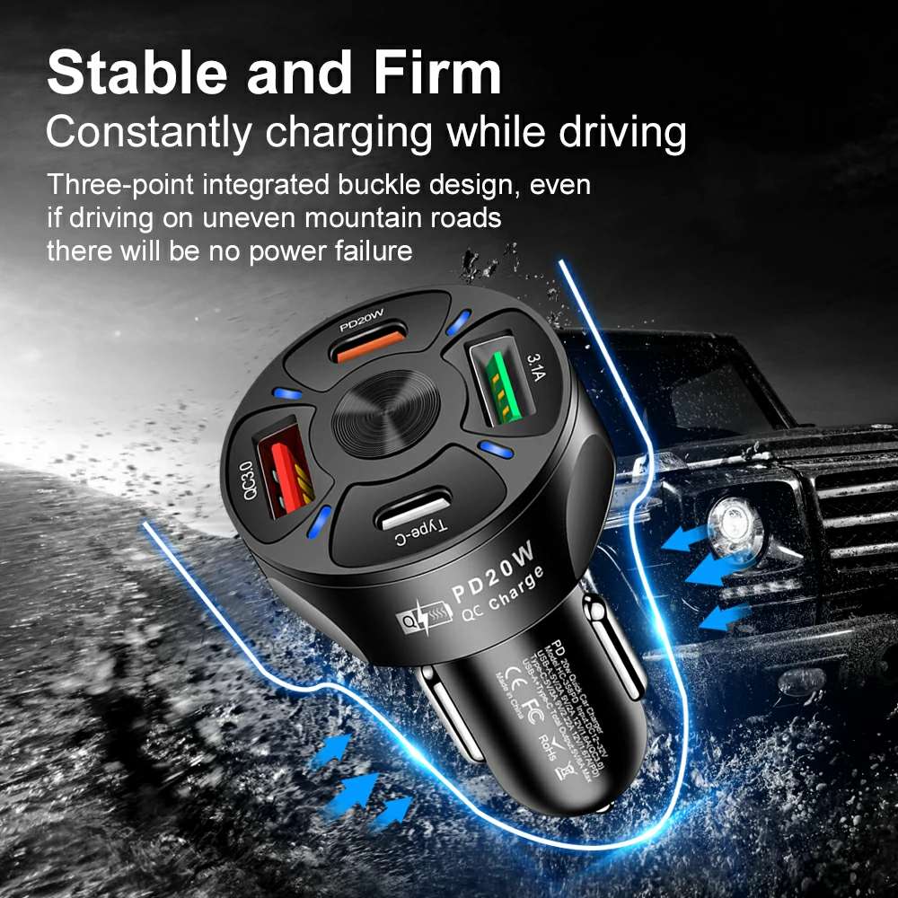 WOWTECHPROMOS: Premium 4-Port USB Car Charger with PD20W & QC3.0