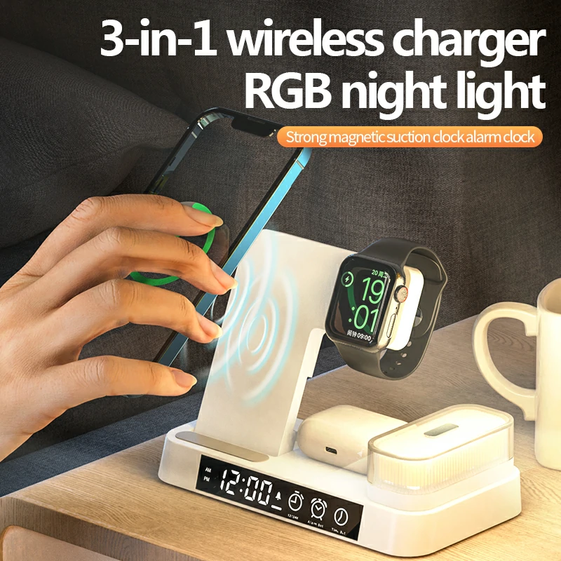 WOWTECHPROMOS: Foldable 4-in-1 Wireless Charger with Alarm & RGB Lights