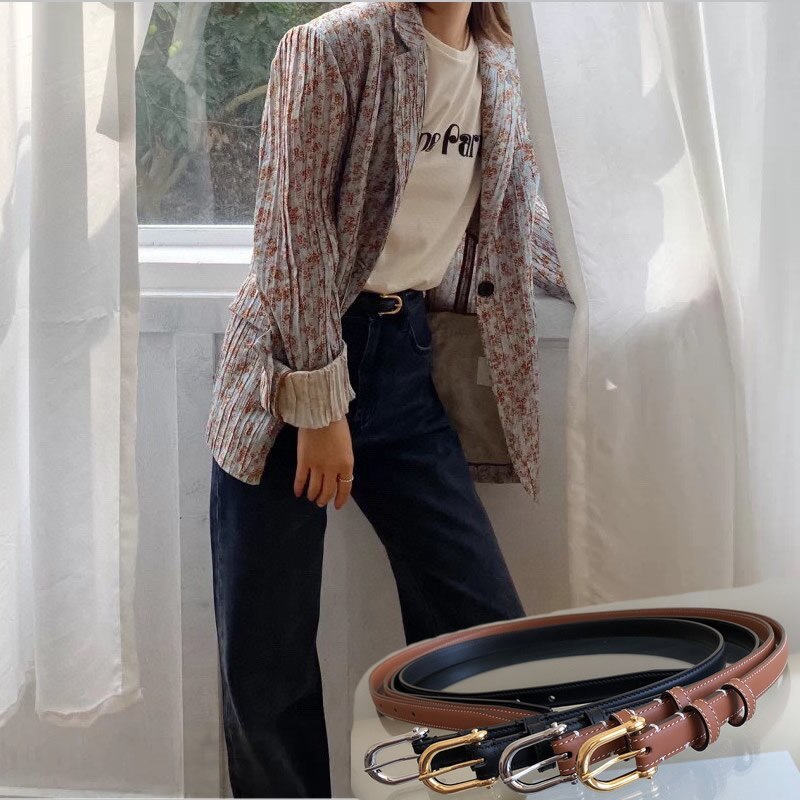 Sleek calfskin slim waist needle buckle belt trend wind 1.8cm women's denim belt is a leather needle belt