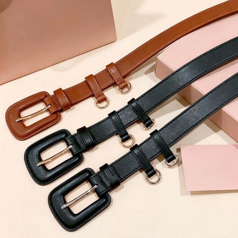 Women's retro-style square-button leather belt, versatile skinny waist belt, denim pants, simple and trendy leather shorts belt