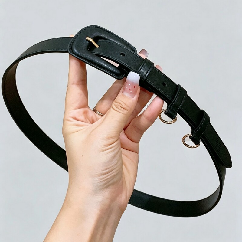 Women's retro-style square-button leather belt, versatile skinny waist belt, denim pants, simple and trendy leather shorts belt