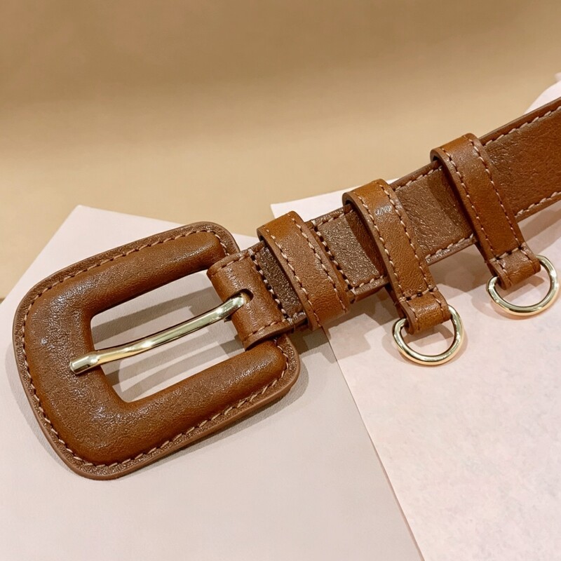 Women's retro-style square-button leather belt, versatile skinny waist belt, denim pants, simple and trendy leather shorts belt